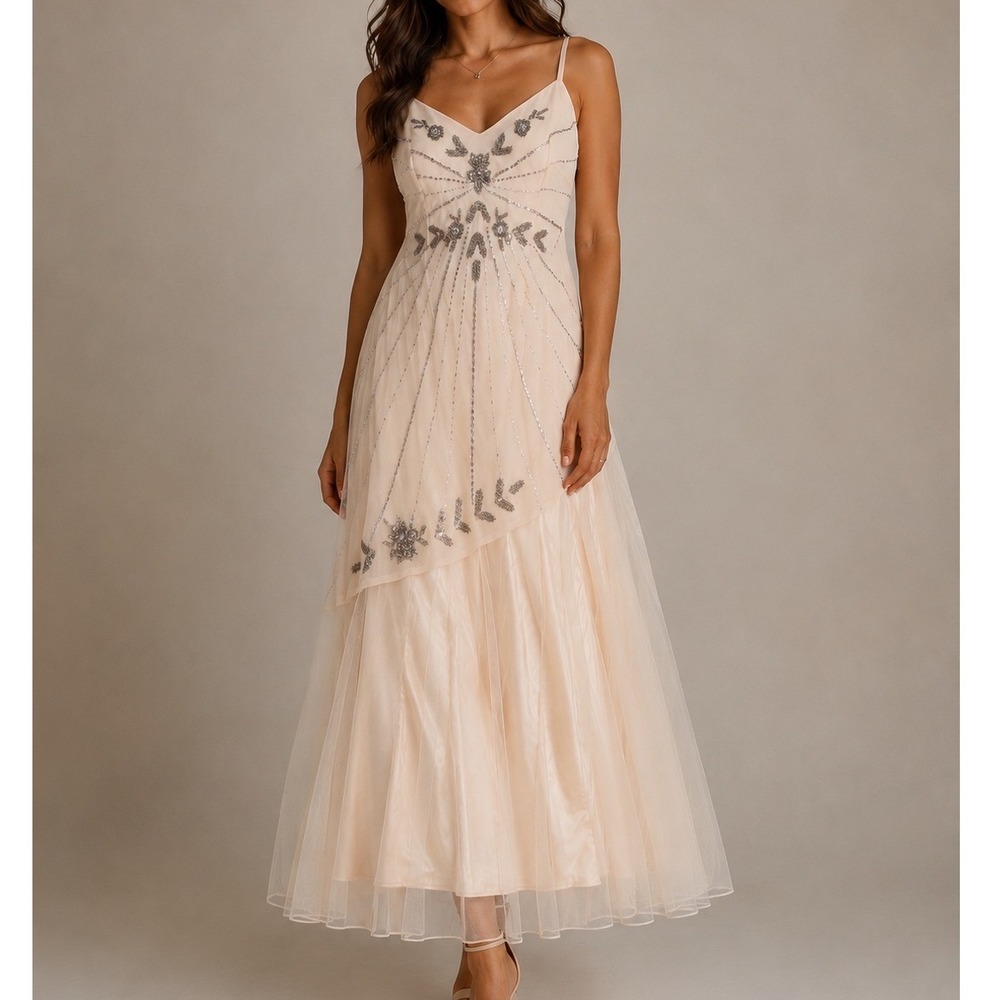 Vtg Beaded Sequin Evening Gown Fairy Prom Dress formal‎ asymmetrical event gala